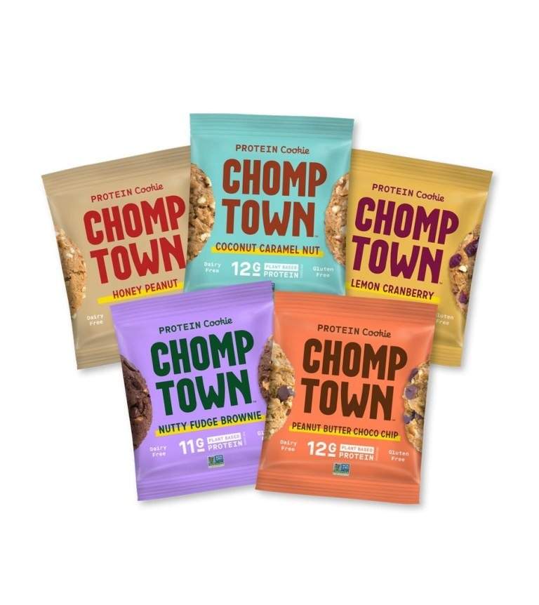 Chomptown packs single 2.75 oz snack cookies with nut butters & pea protein