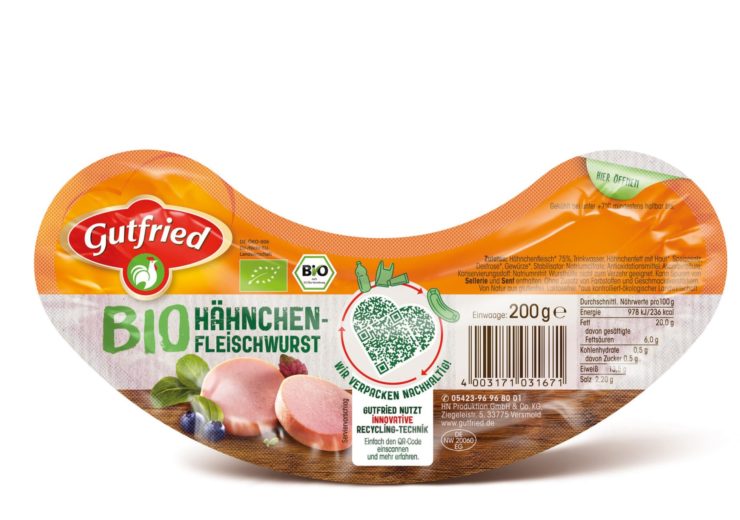 Gutfried organic chicken meat sausage in innovative packaging